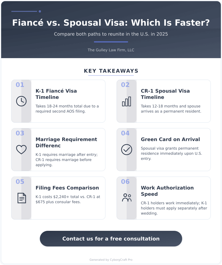 Infographic: Fiancé Visa vs. Spousal Visa - Which Path Is Actually Faster for Couples Trying to Be Together in the U.S.? - Key concepts and takeaways
