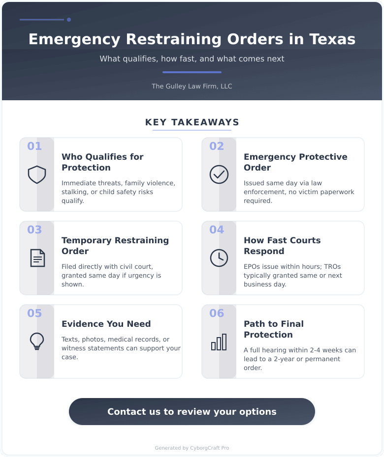 Infographic: Emergency Restraining Orders in Texas - What Qualifies, How Fast You Can Get One, and What Happens Next - Key concepts and takeaways